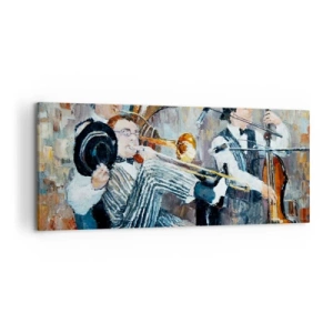 Cuadro sobre lienzo - Impresión de Imagen - Músicos de jazz en estilo pictórico durante un concierto. - 120x50cm - Todo ese jazz - Decoración de pared moderna para salón y dormitorio ARTTOR
