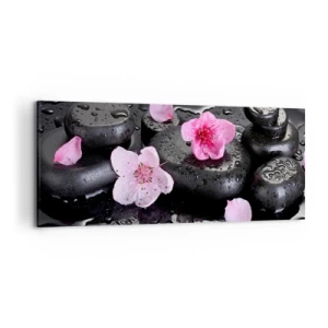 Cuadro sobre lienzo - Impresión de Imagen - Piedras negras y flores rosas estilo spa - 120x50cm - Y una piedra cae del corazón - Decoración de pared moderna para salón y dormitorio ARTTOR