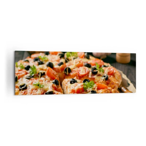 Cuadro sobre lienzo - Impresión de Imagen - Pizza con tomates, aceitunas y hierbas frescas en la mesa. - 160x50cm - Delicioso aroma - Decoración de pared moderna para salón y dormitorio ARTTOR