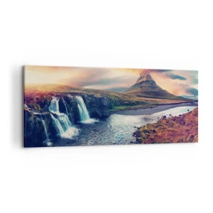 Cuadro sobre lienzo - Impresión de Imagen - Vista de la cascada y la montaña a la luz del sol poniente. - 120x50cm - En la majestuosidad de la naturaleza - Decoración de pared moderna para salón y dormitorio ARTTOR