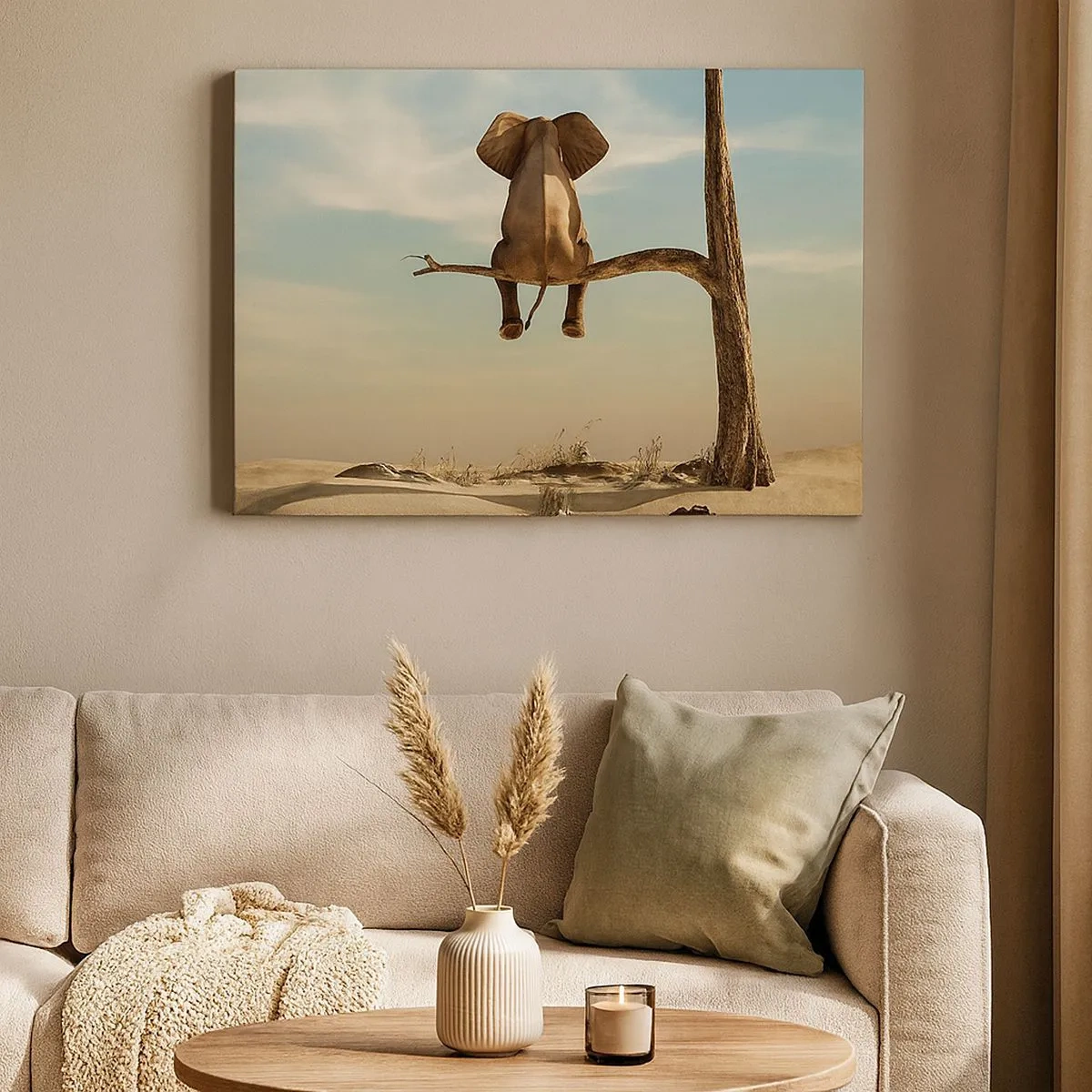 Cuadro sobre lienzo - Impresión de Imagen - Un elefante sentado en una rama con vistas a un paisaje desértico. - 70x50cm - Un nuevo punto de vista - Decoración de pared moderna para salón y dormitorio ARTTOR
