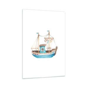 Cuadro sobre vidrio - Impresiones sobre Vidrio - Ilustración de un barco en colores pastel sobre un fondo blanco. - 70x100cm - A la aventura - Decoración de pared moderna para salón y dormitorio ARTTOR