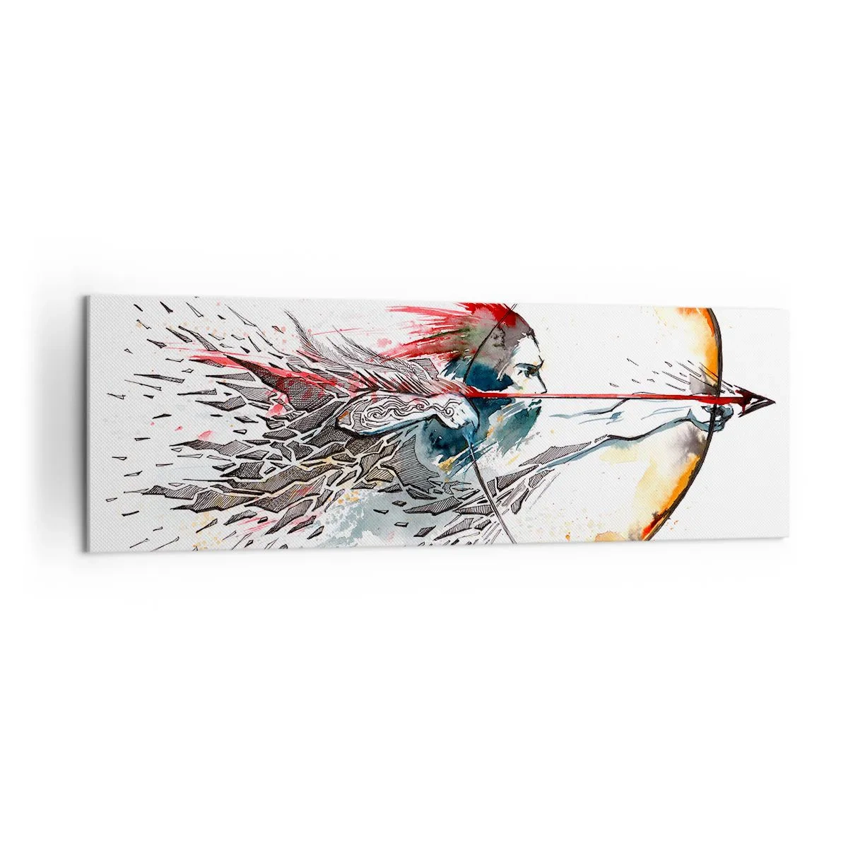 Cuadro sobre lienzo - Impresión de Imagen - Pintura dinámica de acuarela de un guerrero con arco y flecha. - 160x50cm - Guerrero mítico con arco de fuego - Decoración de pared moderna para salón y dormitorio ARTTOR