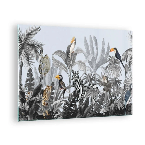 Cuadro sobre vidrio - Impresiones sobre Vidrio - Animales exóticos en una jungla en blanco y negro sobre un fondo claro. - 70x50cm - Un cuento de hadas africano - Decoración de pared moderna para salón y dormitorio ARTTOR