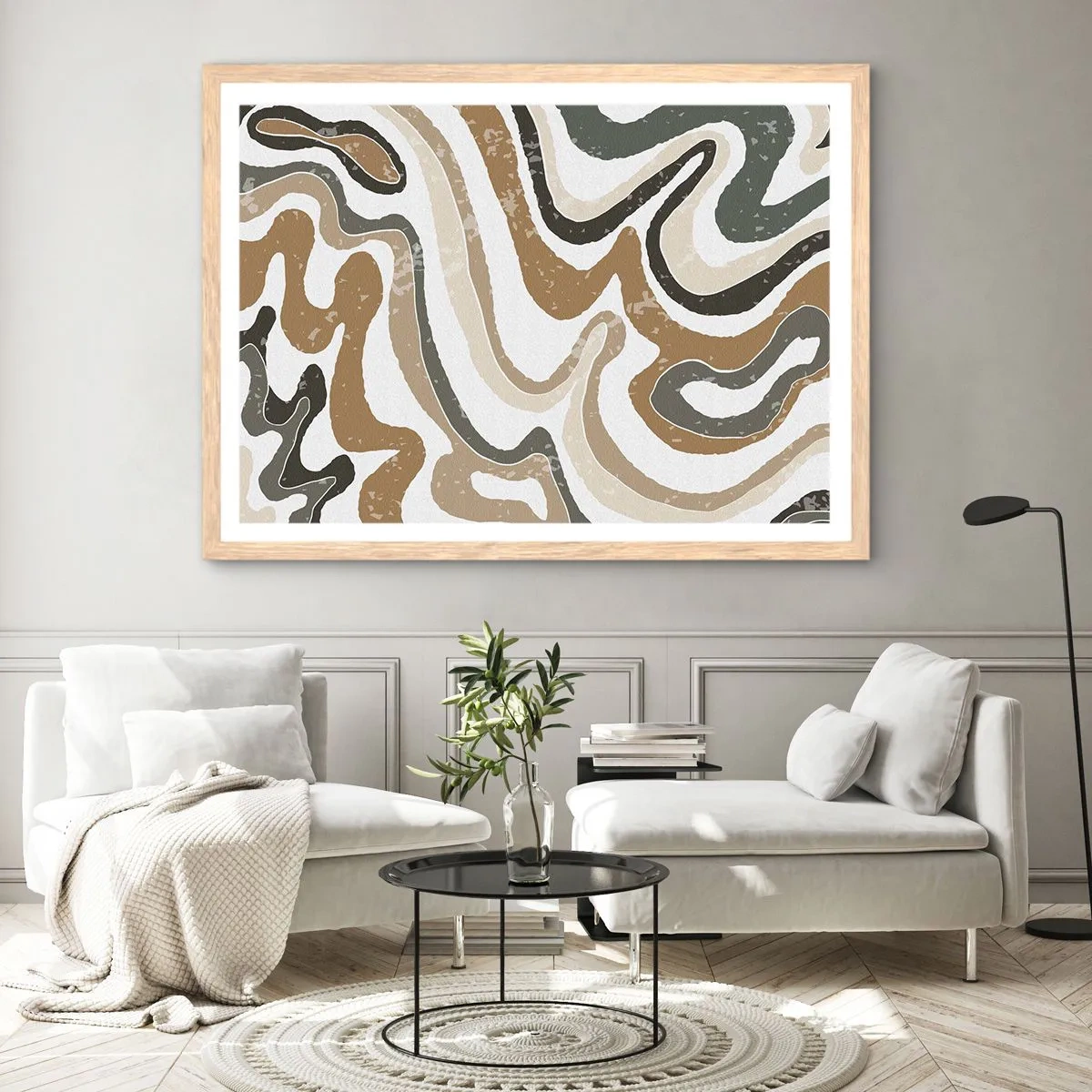Póster en marco roble claro - Meandros de colores terrosos - 70x50 cm