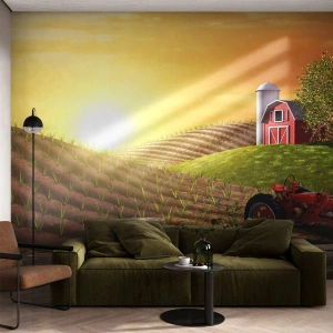 Fotomural Premium Sand - Una granja como un cuento de hadas - Granja, Paisaje, Tractor - 150x105 cm