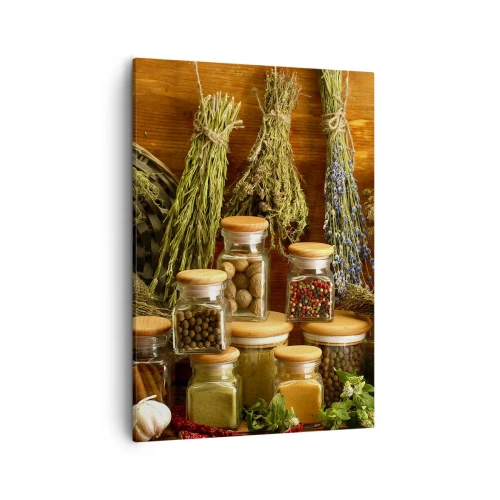 Cuadro sobre lienzo - Impresión de Imagen - Hierbas y especias en frascos sobre un fondo rústico. - 50x70cm - La magia de la cocina - Decoración de pared moderna para salón y dormitorio ARTTOR