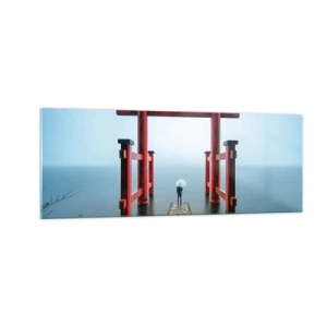 Cuadro sobre vidrio - Impresiones sobre Vidrio - Una puerta torii con vistas a un lago tranquilo en Japón - 140x50cm - Ensueño japonés - Decoración de pared moderna para salón y dormitorio ARTTOR