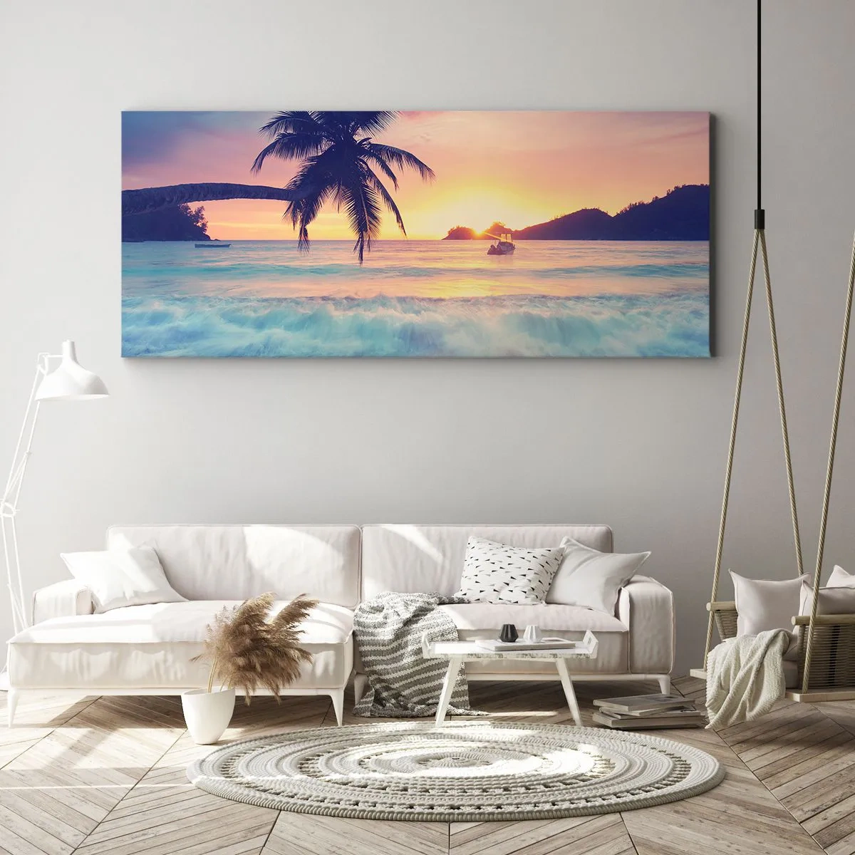 Cuadro sobre lienzo - Impresión de Imagen - Playa con palmera y puesta de sol sobre el océano. - 160x50cm - Atardecer en la bahía - Decoración de pared moderna para salón y dormitorio ARTTOR