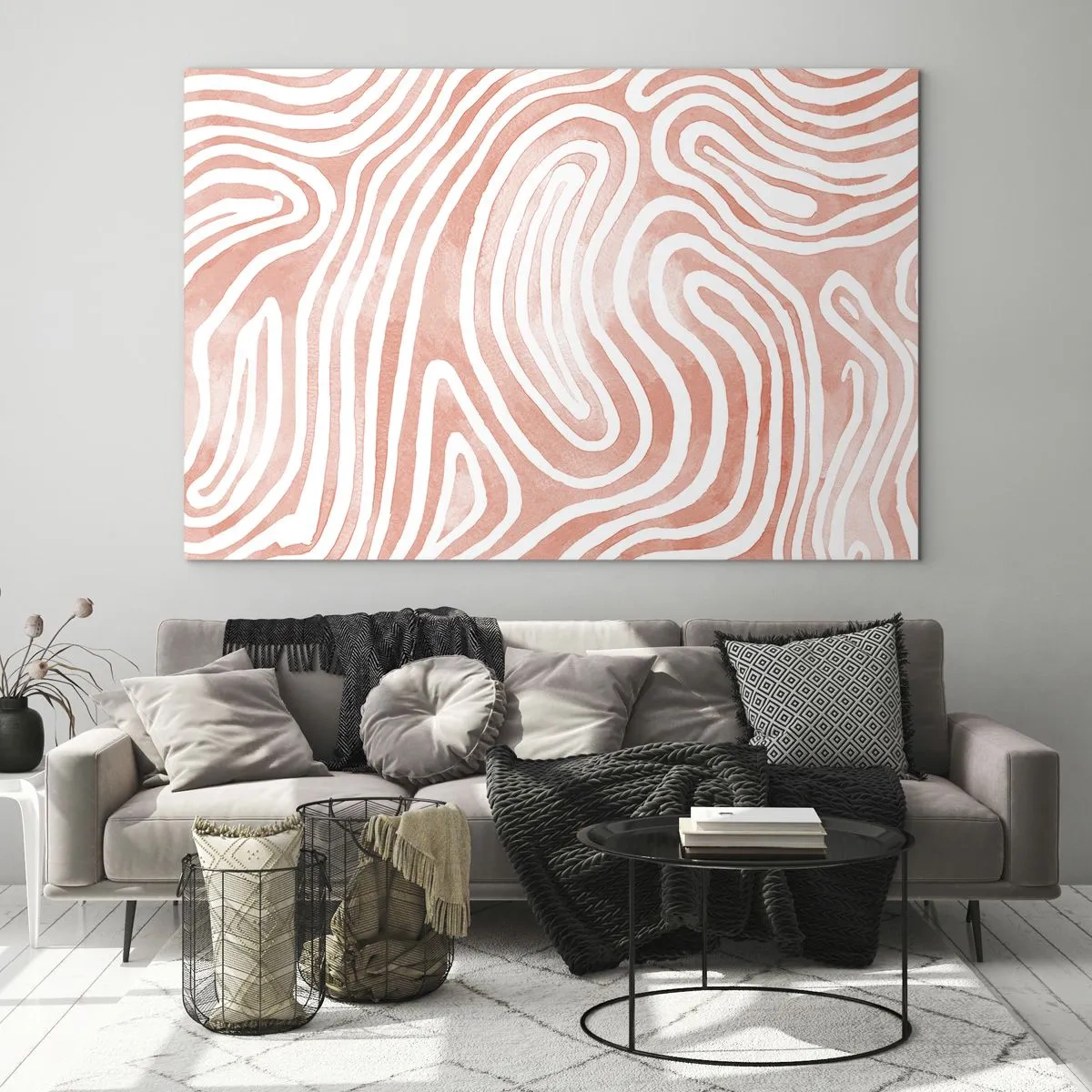 Cuadro sobre vidrio - Impresiones sobre Vidrio - Patrón abstracto en tonos blancos y corales. - 120x80cm - En un laberinto de coral - Decoración de pared moderna para salón y dormitorio ARTTOR