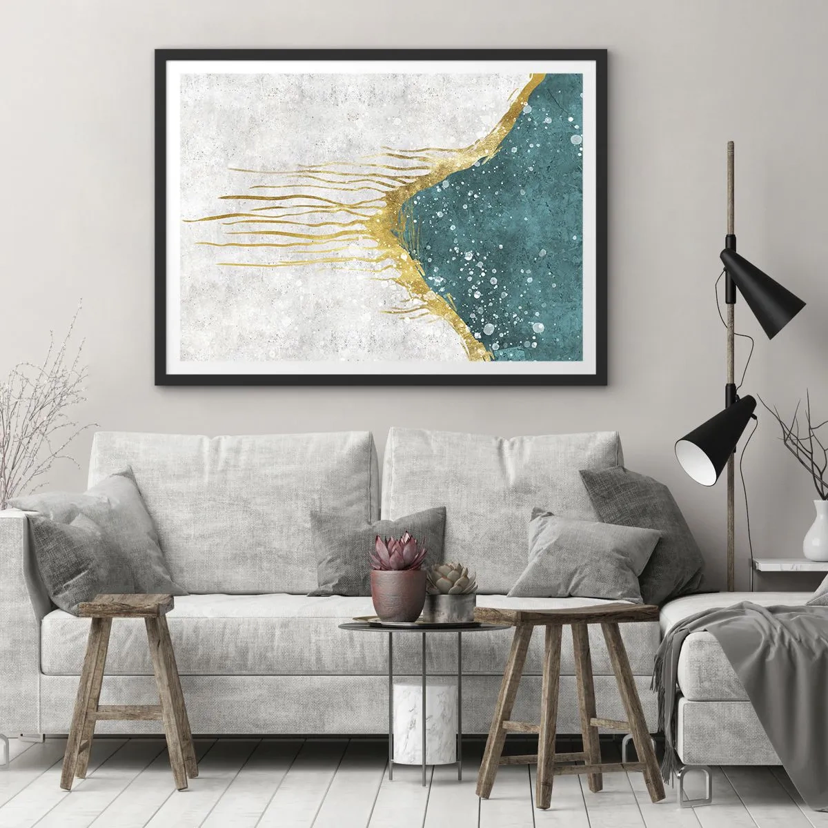 Póster en marco negro - Una composición abstracta en tonos dorados y turquesas. - 70x50cm - Marea dorada - Decoración de pared moderna para salón y dormitorio ARTTOR