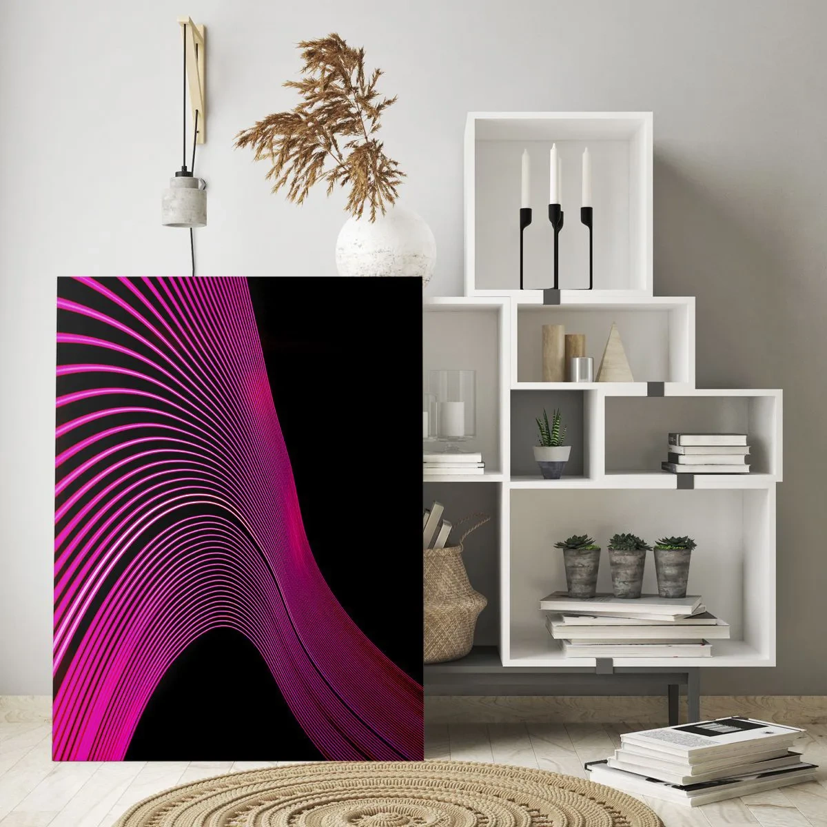 Cuadro sobre vidrio - Impresiones sobre Vidrio - Líneas futuristas en tonos rosa sobre fondo negro. - 80x120cm - Avenida de luz - Decoración de pared moderna para salón y dormitorio ARTTOR