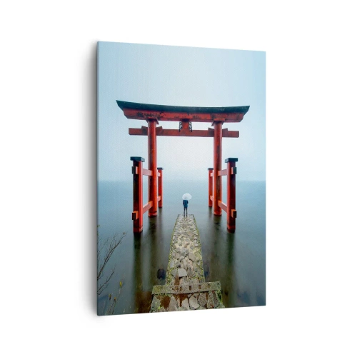 Cuadro sobre lienzo - Impresión de Imagen - Una puerta torii con vistas a un lago tranquilo en Japón - 70x100cm - Ensueño japonés - Decoración de pared moderna para salón y dormitorio ARTTOR