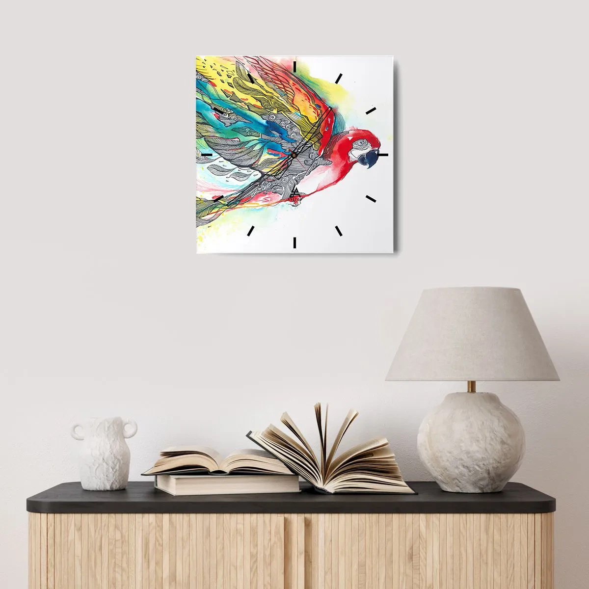 Reloj de pared - Reloj de vidrio - Un loro colorido en vuelo con patrones abstractos en sus alas. - 30x30cm - Vivir con colorido - Decoración de pared moderna para salón y dormitorio ARTTOR