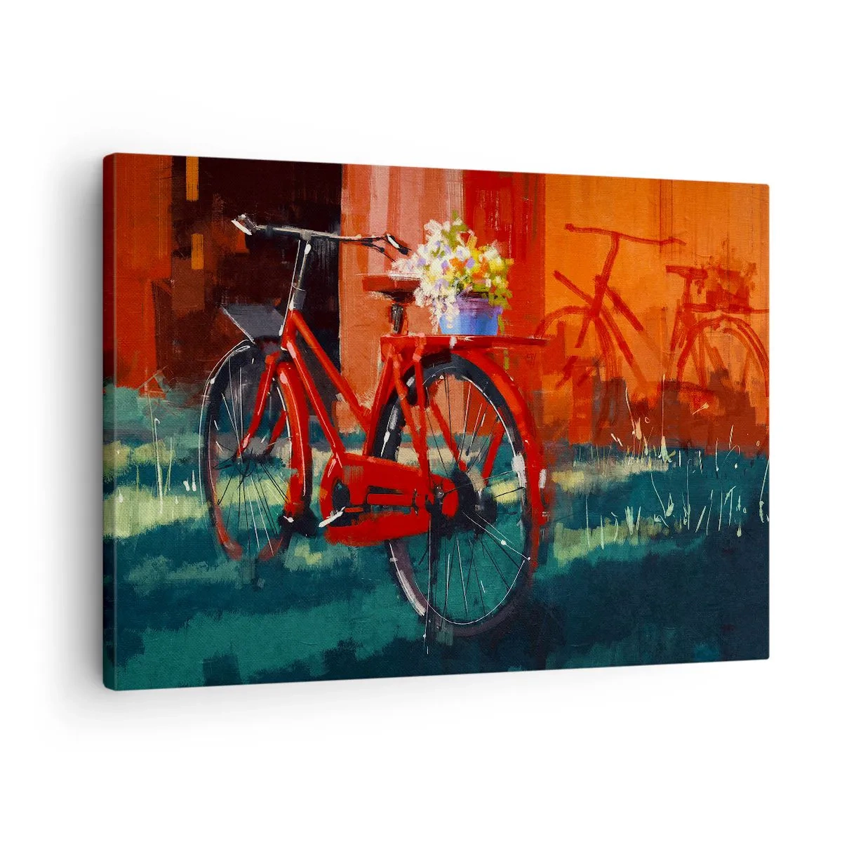 Cuadro sobre lienzo - Impresión de Imagen - Una bicicleta roja con flores contra una pared naranja. - 70x50cm - Quiero ir en bicicleta - Decoración de pared moderna para salón y dormitorio ARTTOR