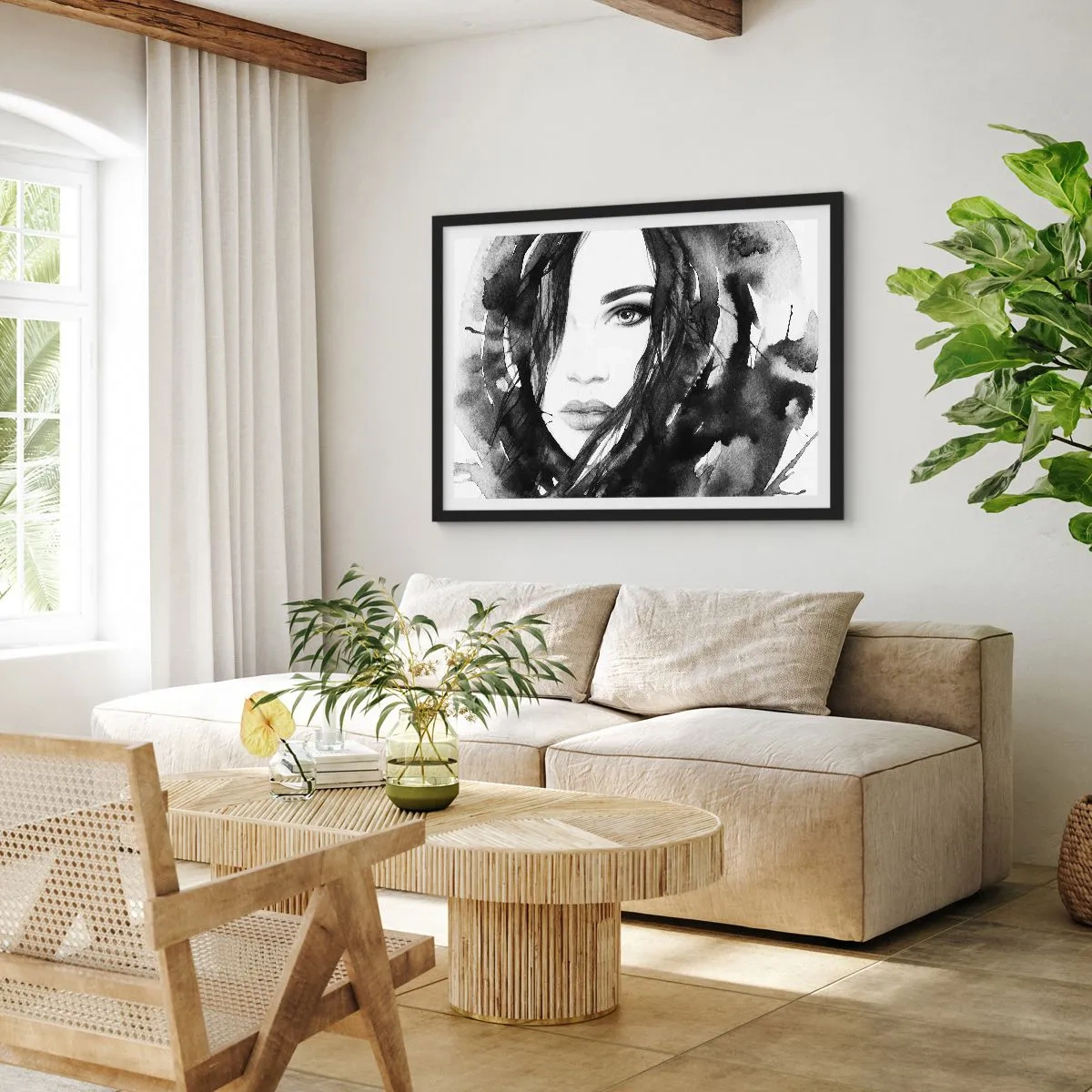 Póster en marco negro - Retrato de una dama en blanco y negro - 50x40 cm