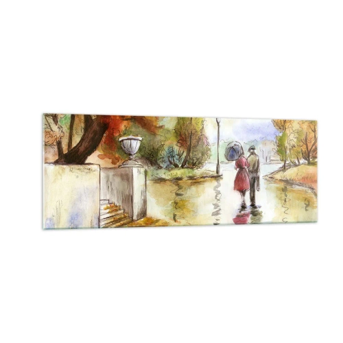 Cuadro sobre vidrio - Impresiones sobre Vidrio - Un paseo por el parque de otoño con un paraguas. - 140x50cm - Un otoño romántico en el parque - Decoración de pared moderna para salón y dormitorio ARTTOR