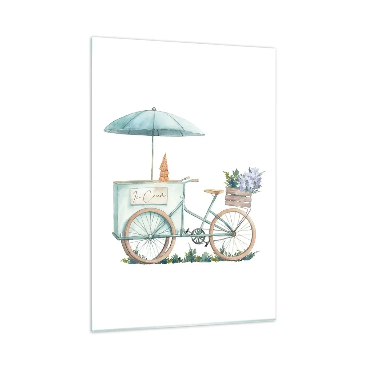 Cuadro sobre vidrio - Impresiones sobre Vidrio - Una bicicleta con helado y flores pastel. - 50x70cm - Dulce recuerdo del verano - Decoración de pared moderna para salón y dormitorio ARTTOR