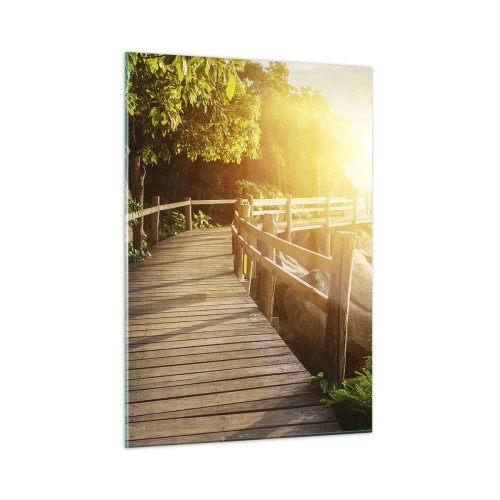 Cuadro sobre vidrio - Impresiones sobre Vidrio - Un camino de madera entre los árboles junto al mar a la luz del atardecer. - 50x70cm - Otra curva, otra maravilla - Decoración de pared moderna para salón y dormitorio ARTTOR