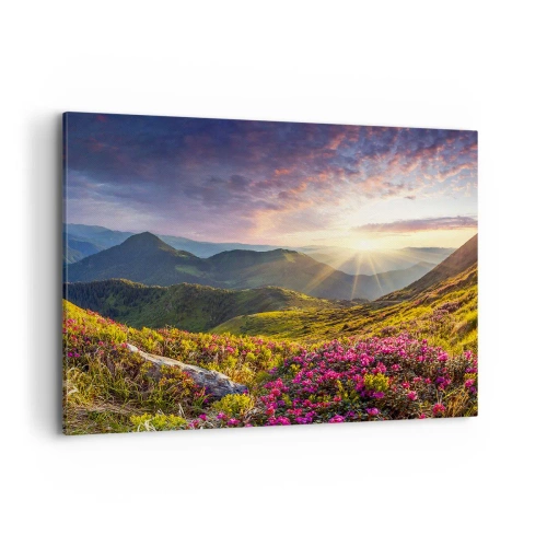 Cuadro sobre lienzo - Impresión de Imagen - Paisaje de montaña con rododendros en flor - 100x70cm - La frescura de una mañana de montaña - Decoración de pared moderna para salón y dormitorio ARTTOR