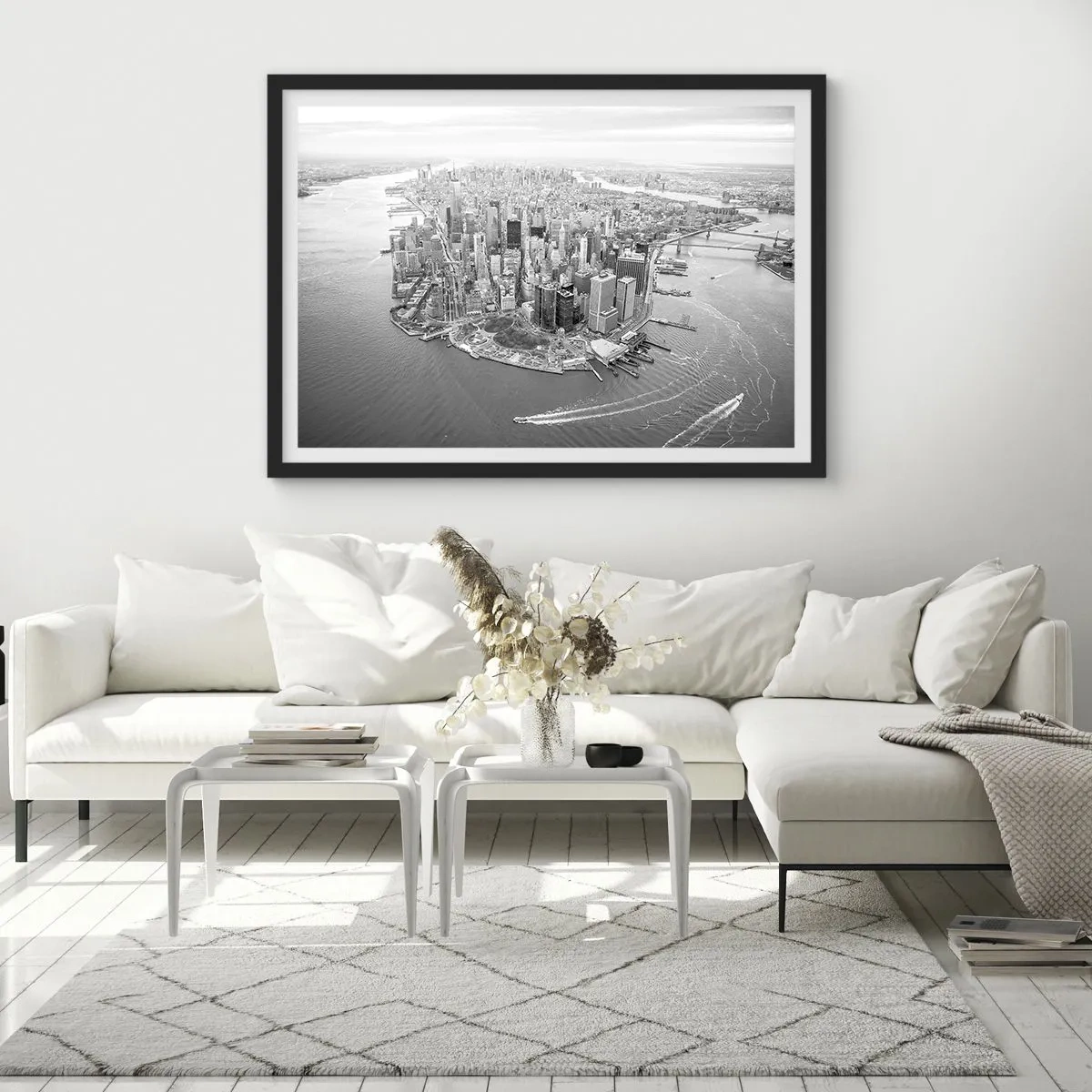 Póster en marco negro - Vista aérea de Manhattan en blanco y negro - 70x50cm - ¿Cómo no amar este lugar? - Decoración de pared moderna para salón y dormitorio ARTTOR