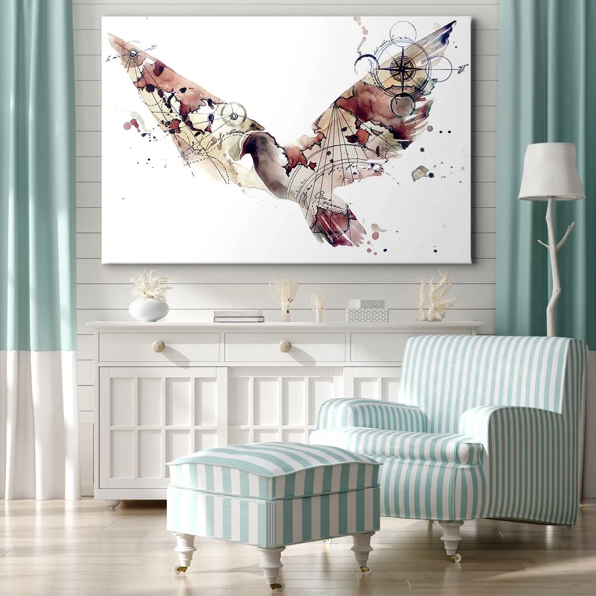 Cuadro sobre lienzo - Impresión de Imagen - Silueta artística de pájaro con patrones geométricos. - 70x50cm - Vagabundo volador - Decoración de pared moderna para salón y dormitorio ARTTOR