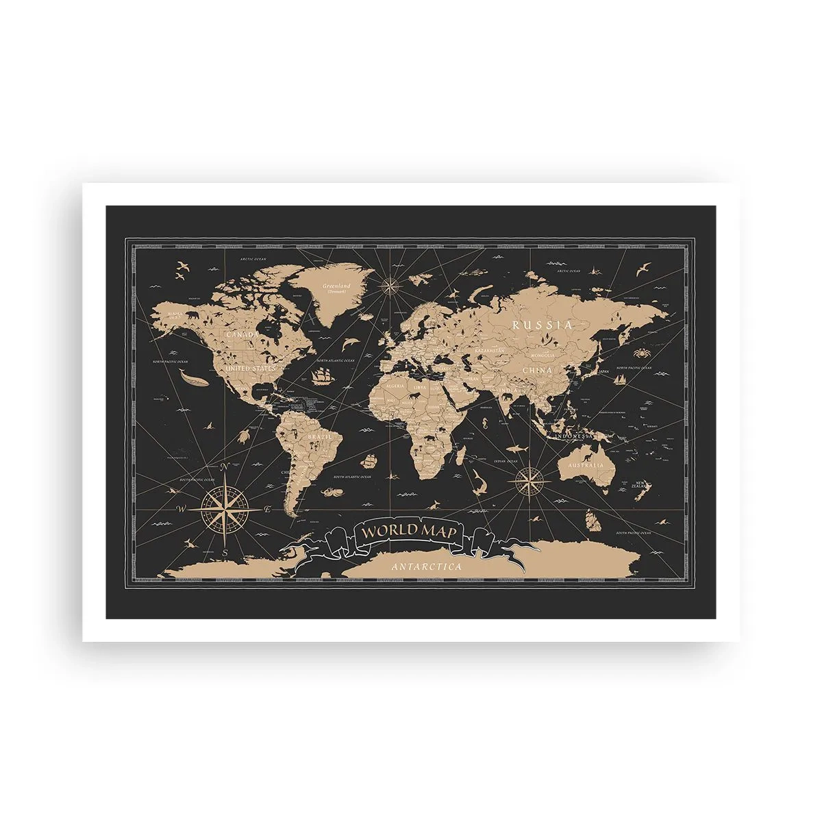 Póster - Un mapa del mundo estilizado sobre un fondo negro con acentos beige. - 100x70cm - Las fronteras de mi mundo - Decoración de pared moderna para salón y dormitorio ARTTOR