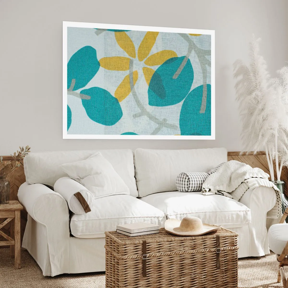 Póster - Hojas en tonos turquesa y amarillo sobre un fondo claro. - 100x70cm - Entre hojas azules - Decoración de pared moderna para salón y dormitorio ARTTOR