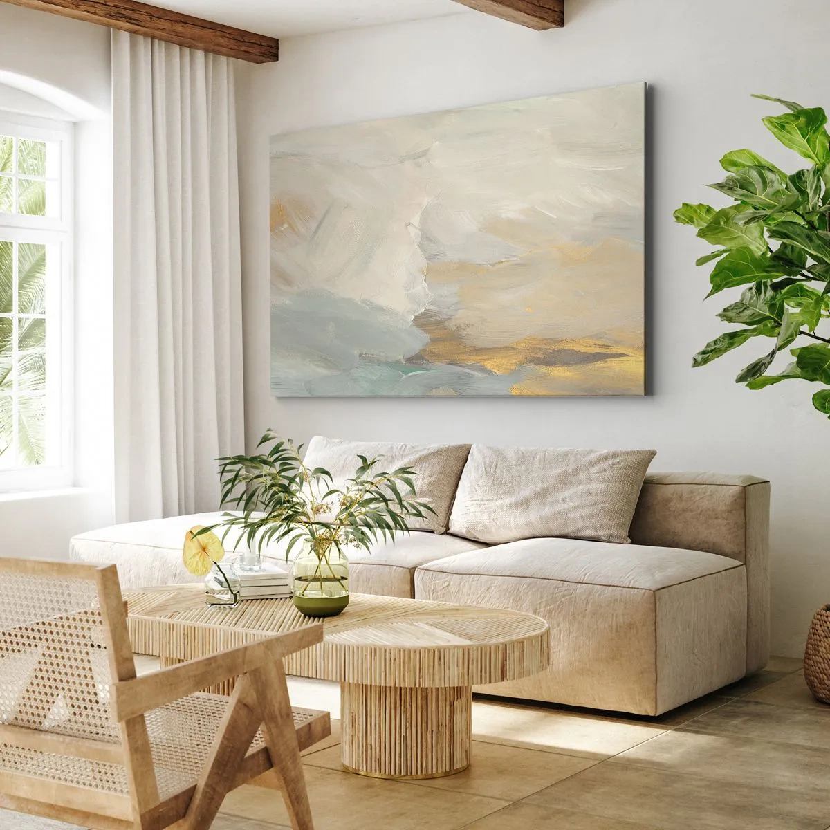 Cuadro sobre lienzo - Impresión de Imagen - Delicados trazos abstractos en tonos blancos y dorados. - 70x50cm - Abstracción - una tierra de dulzura - Decoración de pared moderna para salón y dormitorio ARTTOR