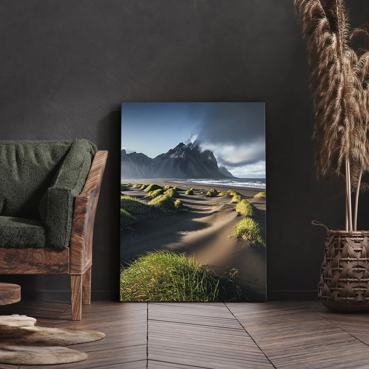 Cuadro sobre lienzo - Impresión de Imagen - Dunas verdes con fondo de montañas bajo un cielo azul - 80x120cm - Armonía de los elementos - Decoración de pared moderna para salón y dormitorio ARTTOR