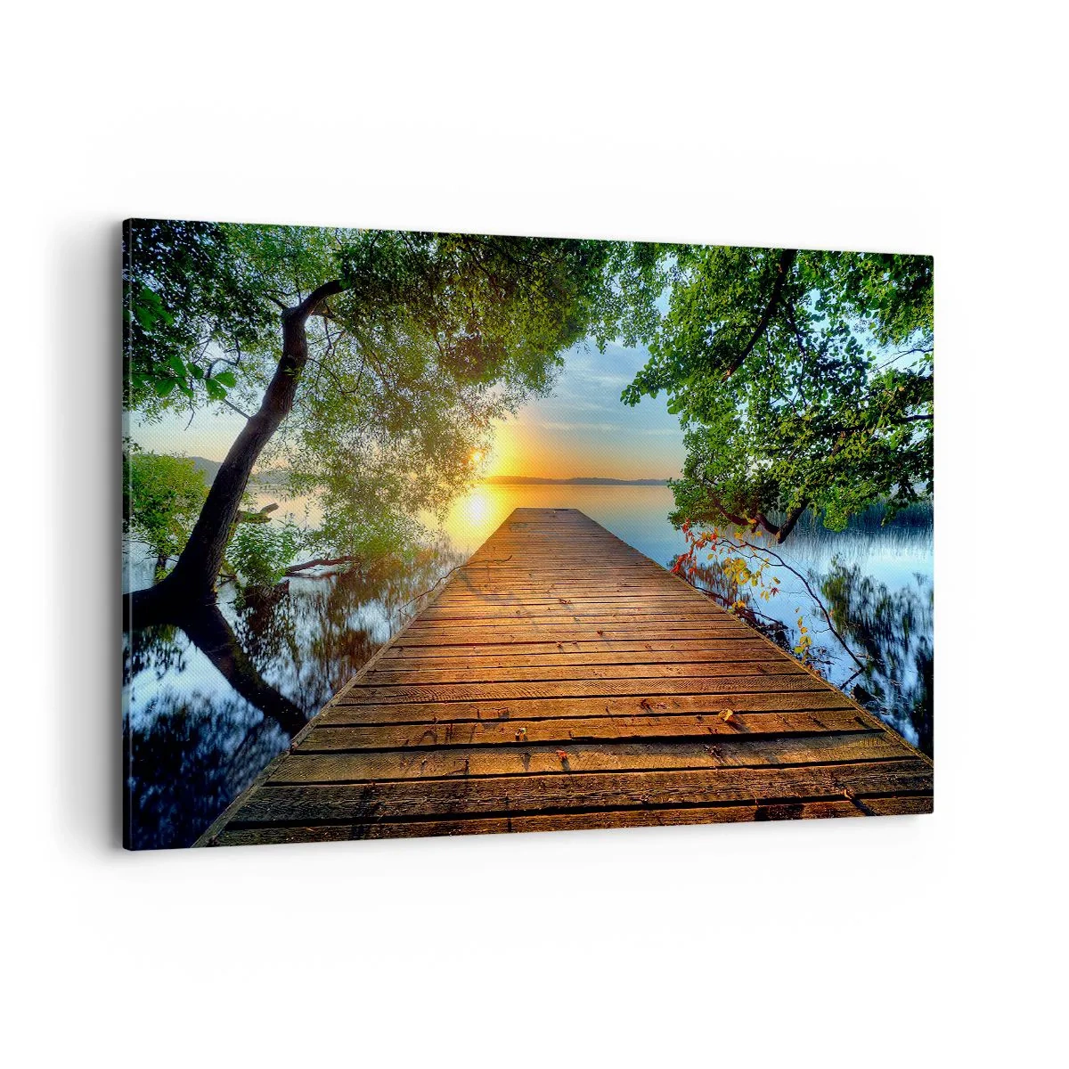 Cuadro sobre lienzo - Impresión de Imagen - Un muelle de madera rodeado de vegetación durante la puesta de sol. - 120x80cm - Tómate tu tiempo, siéntate - Decoración de pared moderna para salón y dormitorio ARTTOR