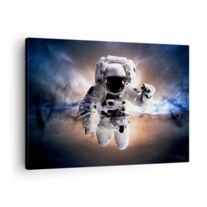 Cuadro sobre lienzo - Impresión de Imagen - Astronauta en el espacio - 70x50cm - Saludos desde el espacio exterior - Decoración de pared moderna para salón y dormitorio ARTTOR