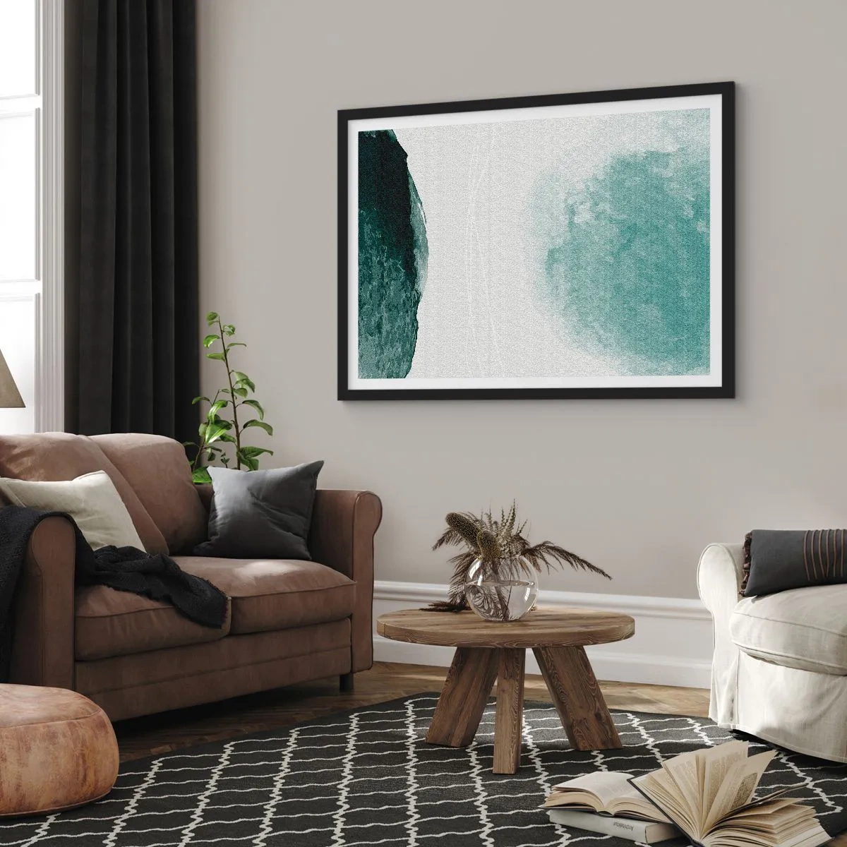 Póster en marco negro - Una delicada composición abstracta en tonos verdes con formas sutiles sobre un fondo claro. - 70x50cm - Un encuentro con la niebla - Decoración de pared moderna para salón y dormitorio ARTTOR