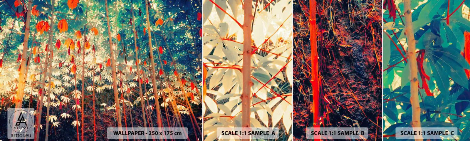 Muestra de fotomural autoadhesivo Deluxe Sticker - La vida secreta de las hojas - Bosque tropical, Naturaleza, Árboles - 100x30 cm