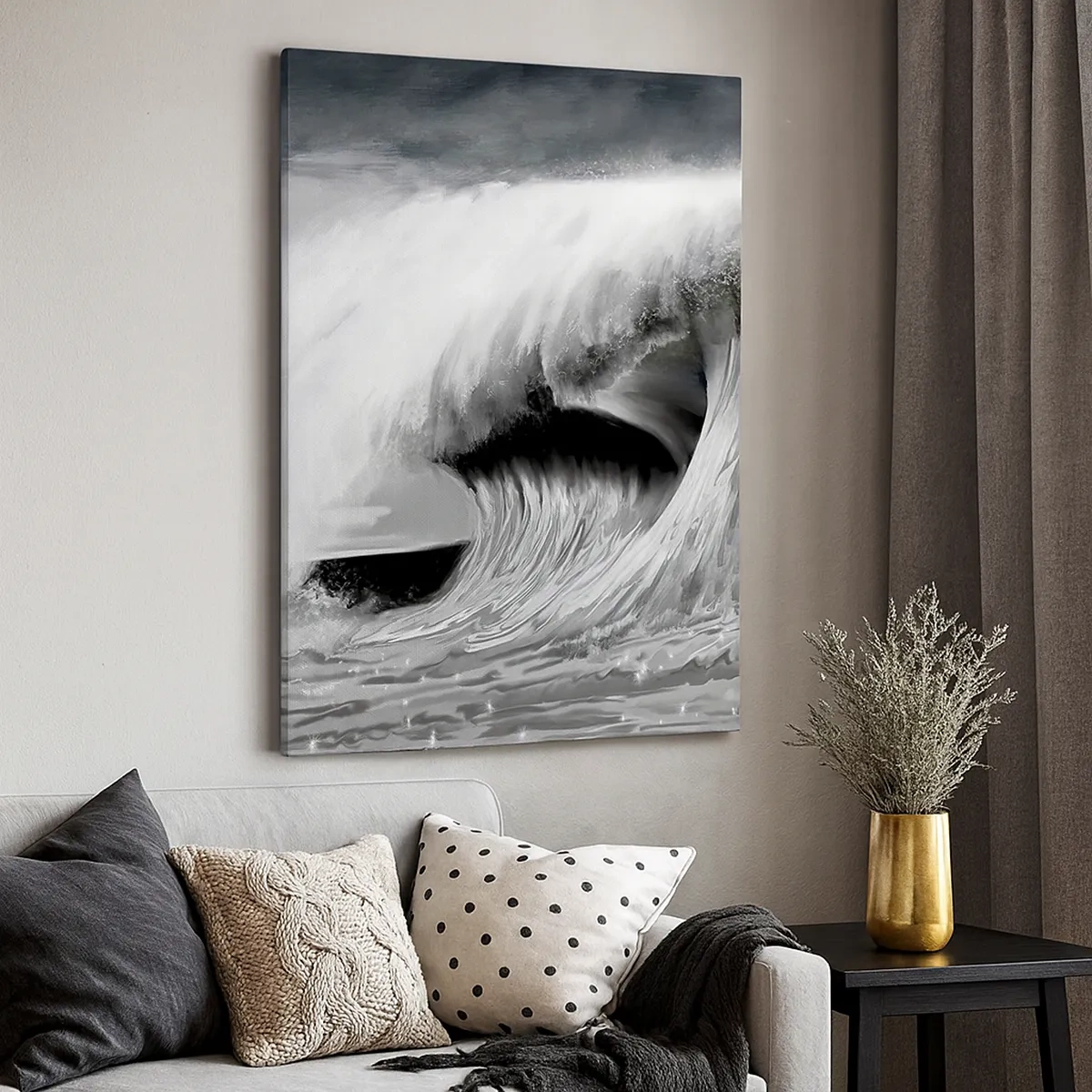 Cuadro sobre lienzo - Impresión de Imagen - Ola oceánica dramática en monocromo - 50x70cm - La ira del océano - Decoración de pared moderna para salón y dormitorio ARTTOR