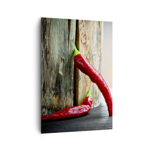 Cuadro sobre lienzo - Impresión de Imagen - Dos chiles rojos sobre un fondo de madera con acento rústico. - 70x100cm - Pimientos rojos picantes - Decoración de pared moderna para salón y dormitorio ARTTOR