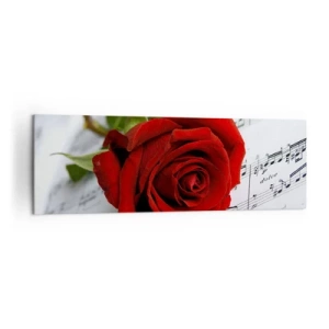 Cuadro sobre lienzo - Impresión de Imagen - Una rosa roja sobre un fondo de notas musicales sobre papel blanco. - 160x50cm - La música de los sentimientos en escarlata - Decoración de pared moderna para salón y dormitorio ARTTOR