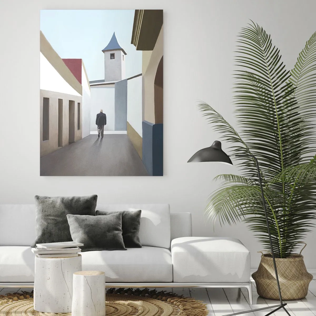 Cuadro sobre vidrio - Impresiones sobre Vidrio - Una calle al sol con una figura caminando en la distancia. - 50x70cm - Paseo soleado - Decoración de pared moderna para salón y dormitorio ARTTOR