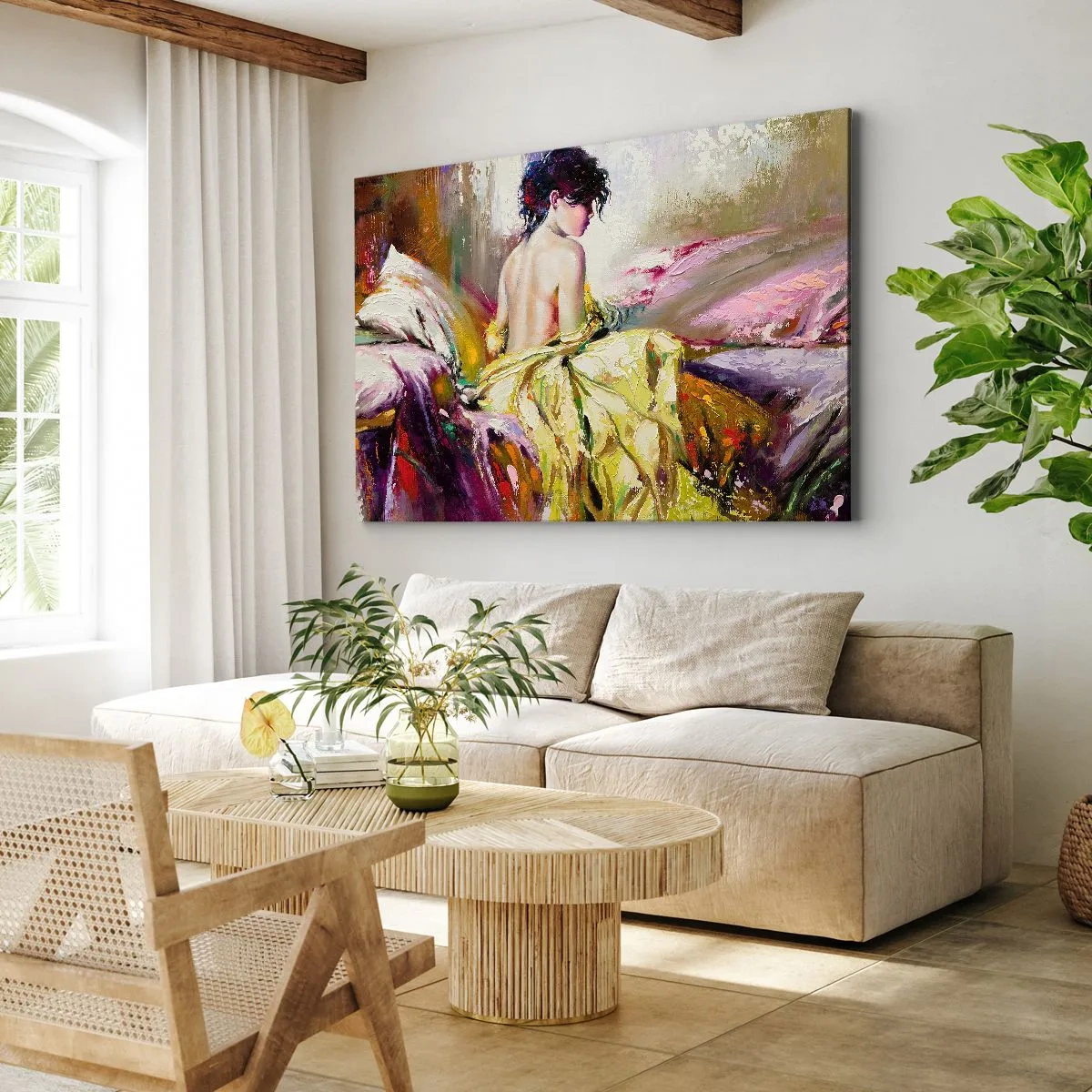 Cuadro sobre lienzo - Impresión de Imagen - Una escena pictórica de una mujer en una cama en una atmósfera romántica. - 70x50cm - La hermosura y frescura de la flor - Decoración de pared moderna para salón y dormitorio ARTTOR