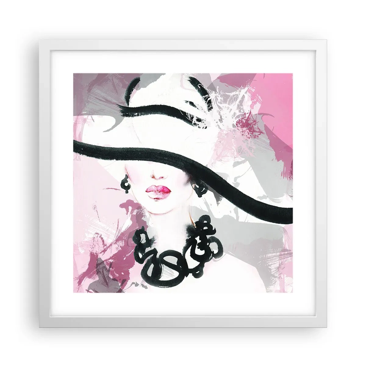 Póster en marco blanco - Retrato de una dama en negro y rosa - 40x40 cm