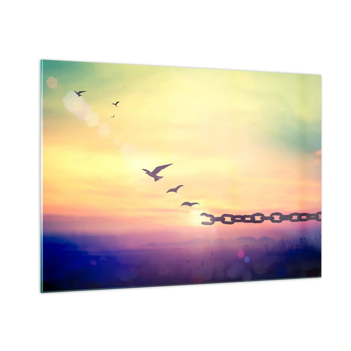 Cuadro sobre vidrio - Impresiones sobre Vidrio - Pájaros en vuelo con el telón de fondo de una cadena y una puesta de sol. - 100x70cm - Victoria de la libertad - Decoración de pared moderna para salón y dormitorio ARTTOR