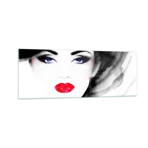 Cuadro sobre vidrio - Impresiones sobre Vidrio - Retrato de una mujer con labios rojos y ojos azules intensos. - 140x50cm - Lenguaje no verbal - Decoración de pared moderna para salón y dormitorio ARTTOR