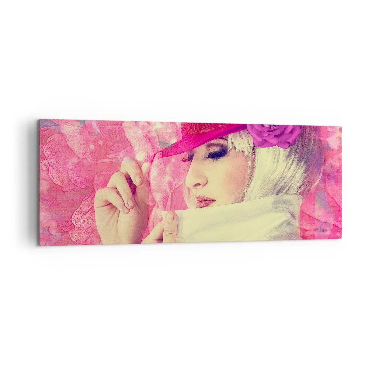Cuadro sobre lienzo - Impresión de Imagen - Mujer elegante con un sombrero rosa y una flor. - 140x50cm - Retrato retro en rosa - Decoración de pared moderna para salón y dormitorio ARTTOR