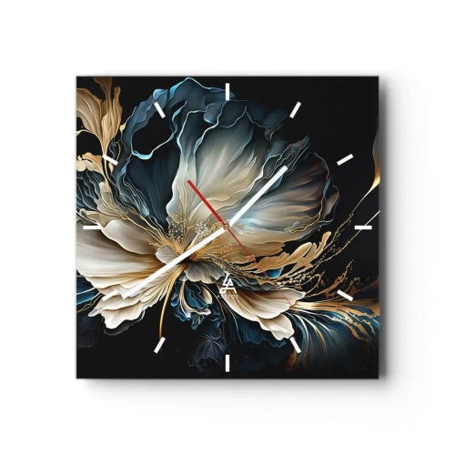 Reloj de pared - Reloj de vidrio - Una flor en tonos dorados y azul marino sobre un fondo negro. - 30x30cm - Flor de helecho de cuento - Decoración de pared moderna para salón y dormitorio ARTTOR