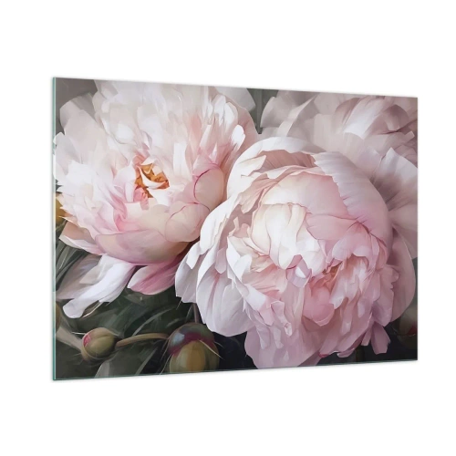 Cuadro sobre vidrio - Impresiones sobre Vidrio - Delicadas peonías en un tono rosa claro en primer plano. - 100x70cm - En flor - Decoración de pared moderna para salón y dormitorio ARTTOR