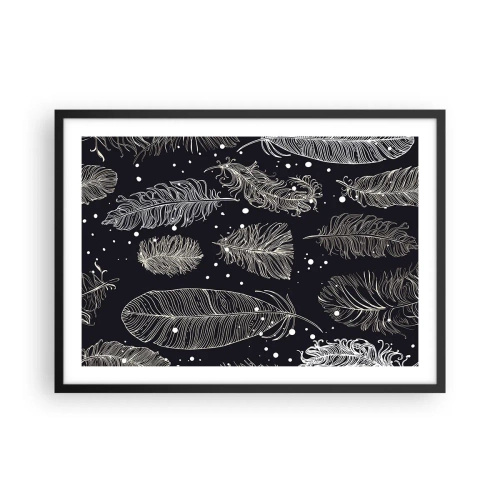 Póster en marco negro - Delicadas plumas blancas sobre un fondo azul marino. - 70x50cm - Encaje de plumas - Decoración de pared moderna para salón y dormitorio ARTTOR