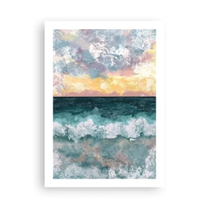 Póster - Olas del mar y puesta de sol en estilo acuarela - 50x70cm - Agua, luz, aire - Decoración de pared moderna para salón y dormitorio ARTTOR