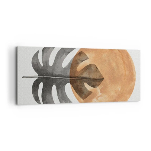 Cuadro sobre lienzo - Impresión de Imagen - Hoja de monstera y círculo dorado sobre un fondo claro - 120x50cm - Siempre el sol - Decoración de pared moderna para salón y dormitorio ARTTOR