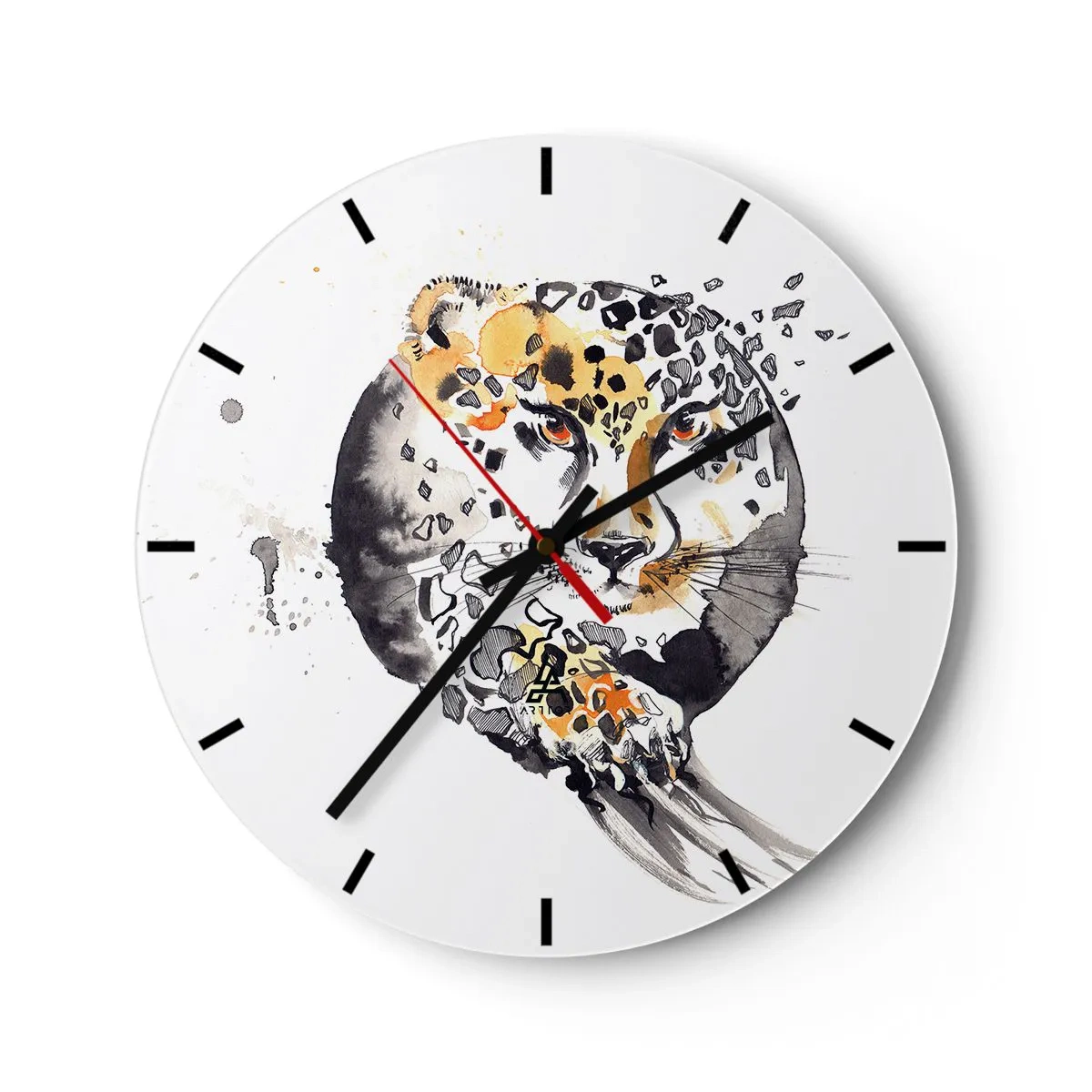 Reloj de pared - Reloj de vidrio - Leopardo en forma artística con partículas dinámicas alrededor de la silueta. - 30x30cm - Belleza depredadora - Decoración de pared moderna para salón, cocina y dormitorio ARTTOR
