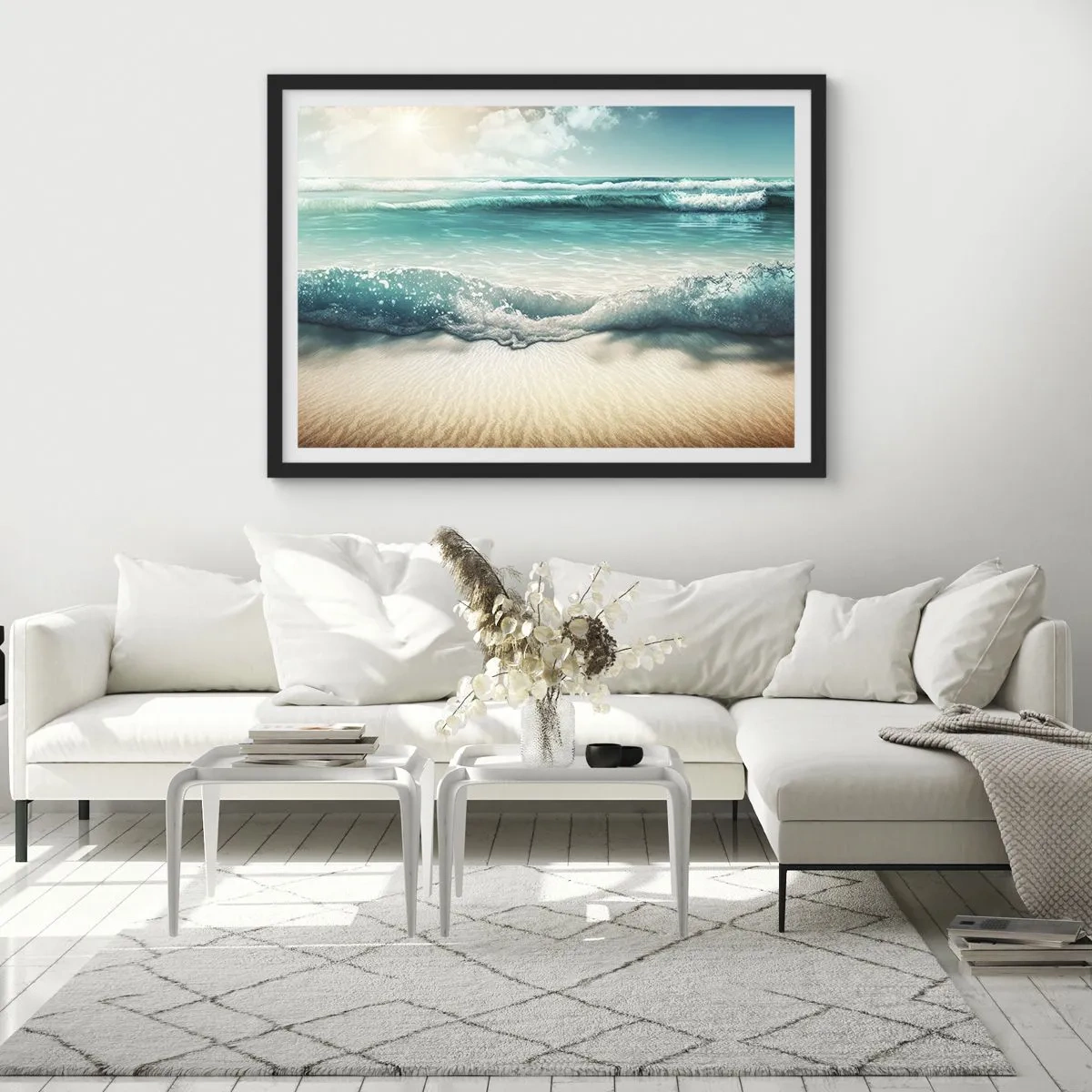 Póster en marco negro - Olas del océano en una playa de arena clara - 70x50cm - Calma oceánica - Decoración de pared moderna para salón y dormitorio ARTTOR